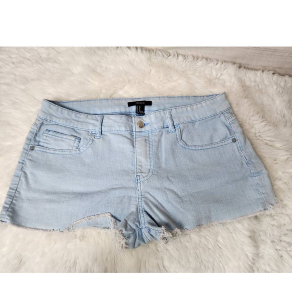 Forever 21 Womens Cut-Off Mini Shorts Blue Stretch Light‎ Wash Frayed 30